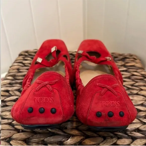 Tods Red Suede Dee Laccetto Ballet Flats