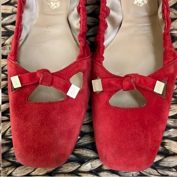 Tods Red Suede Dee Laccetto Ballet Flats
