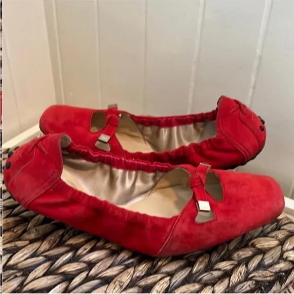 Tods Red Suede Dee Laccetto Ballet Flats