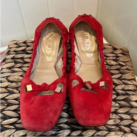Tods Red Suede Dee Laccetto Ballet Flats