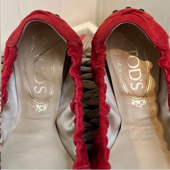Tods Red Suede Dee Laccetto Ballet Flats