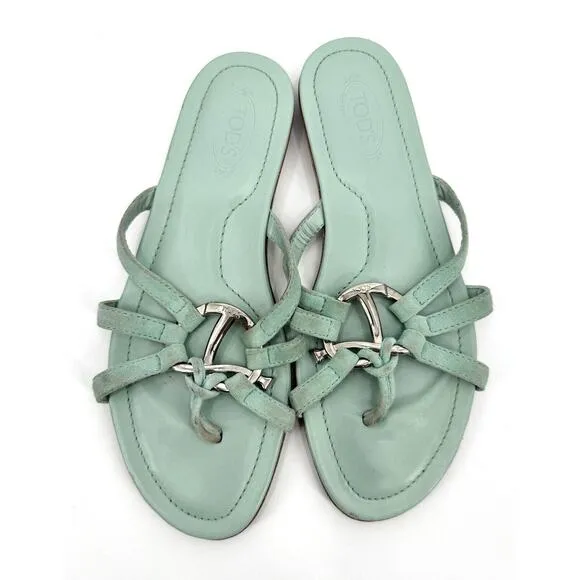 tods sandals Size 5.5 Shoes Metal Pretzel Suede Leather Flip Flop Thong Flats