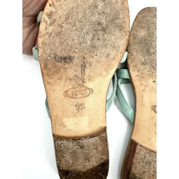 tods sandals Size 5.5 Shoes Metal Pretzel Suede Leather Flip Flop Thong Flats