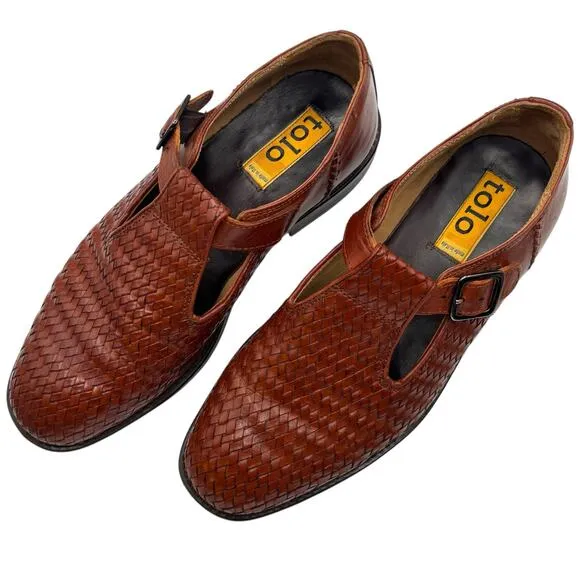 TOLO Italy Men’s Leather Woven Dress Shoes Artisan Buckle Strap Slip-On Loafers