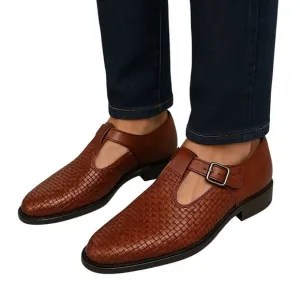 TOLO Italy Men’s Leather Woven Dress Shoes Artisan Buckle Strap Slip-On Loafers