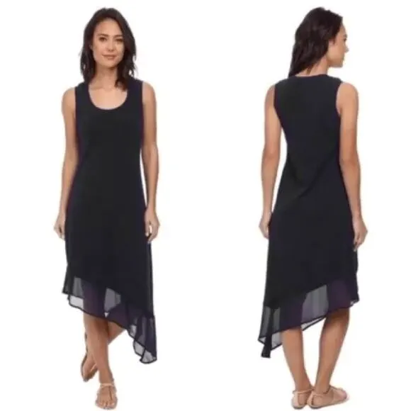 Tommy Bahama Black Chiffon Hem Jersey Maxi Dress Small Sleeveless Asymmetrical