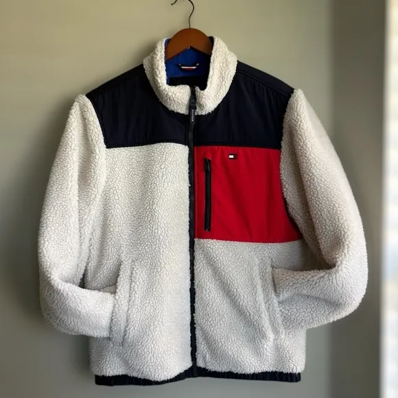 TOMMY HILFIGER Color Blocked Sherpa Coat | Cream • Navy• Red | Size Small