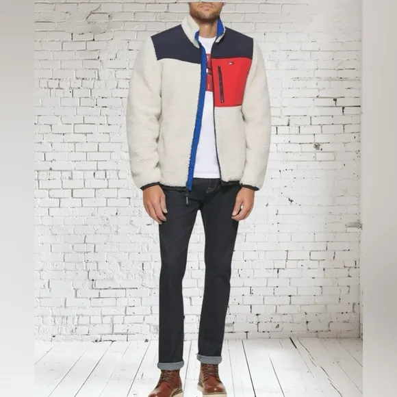 TOMMY HILFIGER Color Blocked Sherpa Coat | Cream • Navy• Red | Size Small