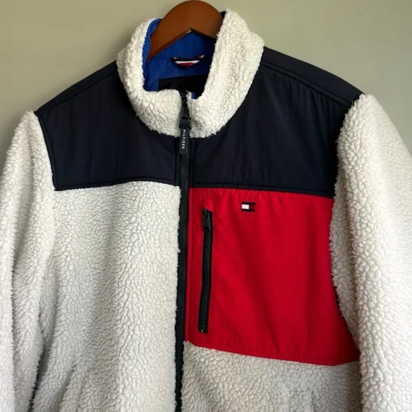 TOMMY HILFIGER Color Blocked Sherpa Coat | Cream • Navy• Red | Size Small