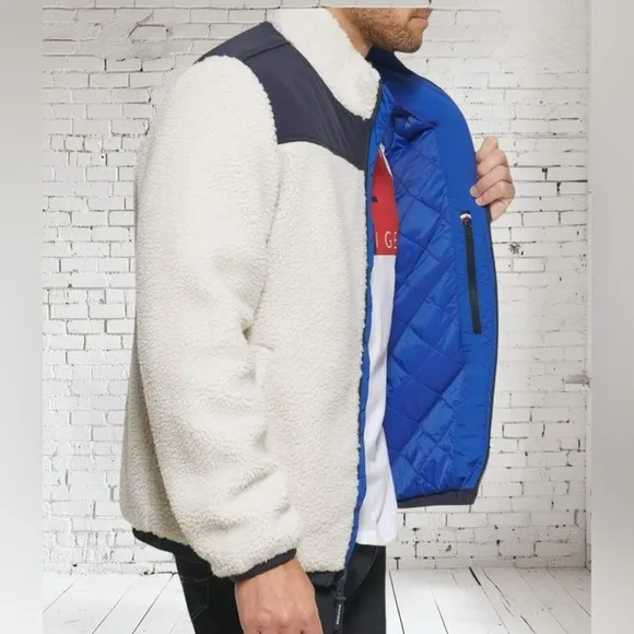 TOMMY HILFIGER Color Blocked Sherpa Coat | Cream • Navy• Red | Size Small