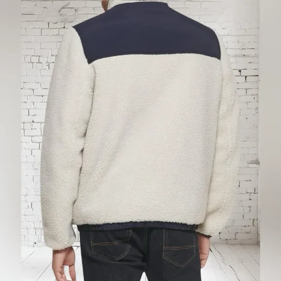TOMMY HILFIGER Color Blocked Sherpa Coat | Cream • Navy• Red | Size Small