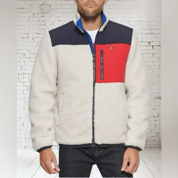 TOMMY HILFIGER Color Blocked Sherpa Coat | Cream • Navy• Red | Size Small