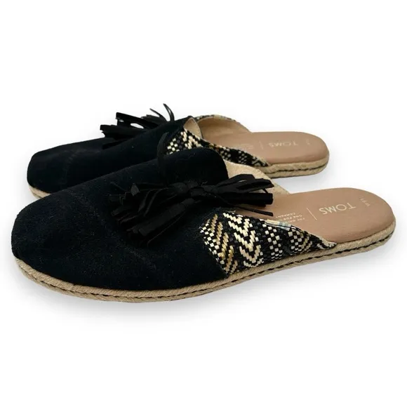 TOMS Black Nova Espadrille Black Suede Aztec Mule Flats 9.5