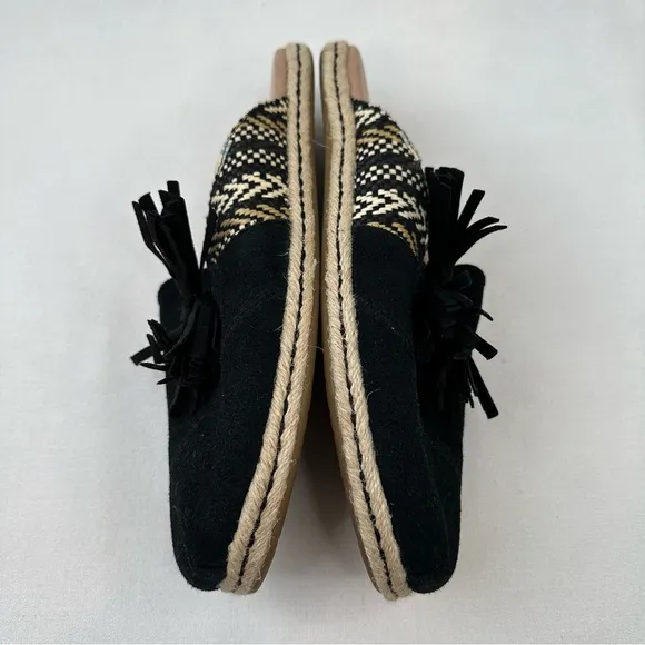 TOMS Black Nova Espadrille Black Suede Aztec Mule Flats 9.5