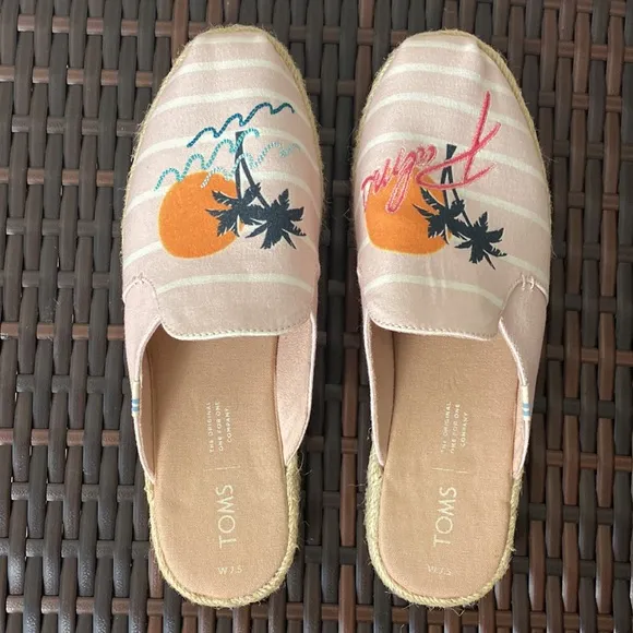 Toms Canvas Espadrille Palm Embroidered Striped Sun Slides Loafers Pink Size 7.5