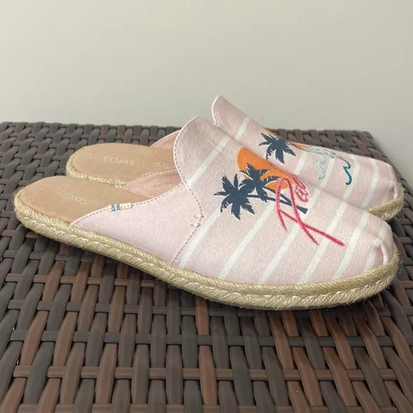 Toms Canvas Espadrille Palm Embroidered Striped Sun Slides Loafers Pink Size 7.5