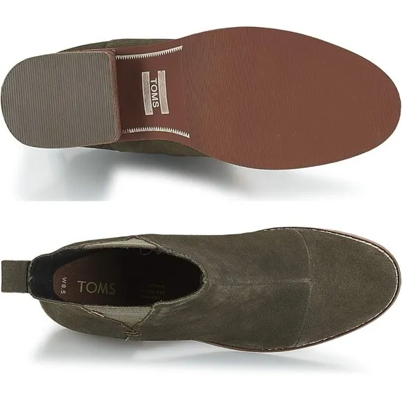 Toms Esme Tarmac Olive Green Suede Chelsea Heeled Boots Size 10