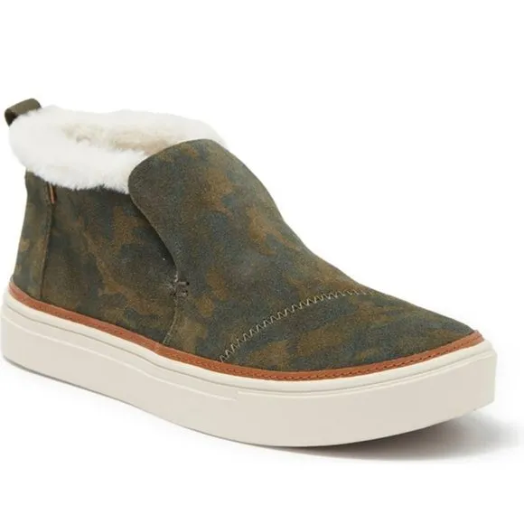 Toms Paxton Camo Sneakers Faux Fur Suede Mid Top Slip On Booties Green Size 10