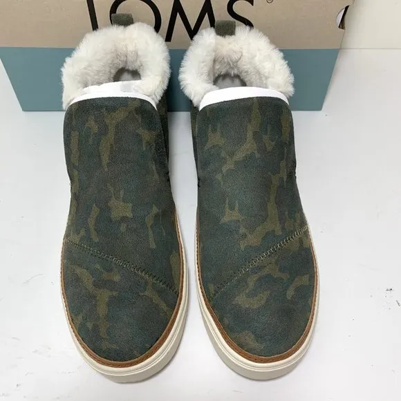 Toms Paxton Camo Sneakers Faux Fur Suede Mid Top Slip On Booties Green Size 10