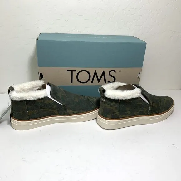 Toms Paxton Camo Sneakers Faux Fur Suede Mid Top Slip On Booties Green Size 10