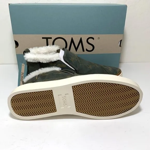 Toms Paxton Camo Sneakers Faux Fur Suede Mid Top Slip On Booties Green Size 10