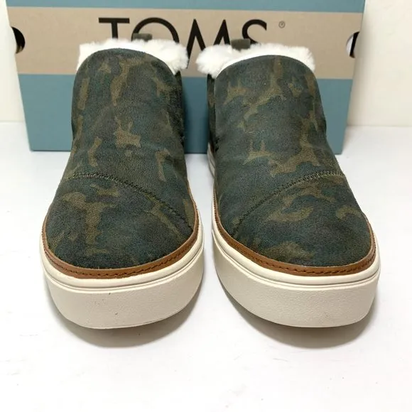 Toms Paxton Camo Sneakers Faux Fur Suede Mid Top Slip On Booties Green Size 10