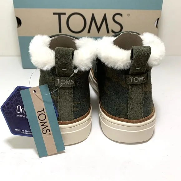 Toms Paxton Camo Sneakers Faux Fur Suede Mid Top Slip On Booties Green Size 10