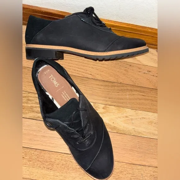 TOMS Women’s 7.5 Ainsley Black Leather and Suede Oxford Flats like NEW