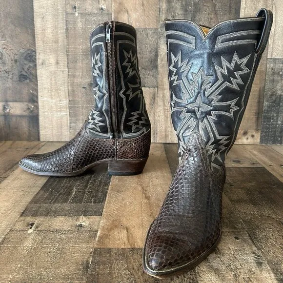 Tony Lama Vintage Gold Label Snakeskin Custom Side Zip Cowboy Boots Mens 9.5 D