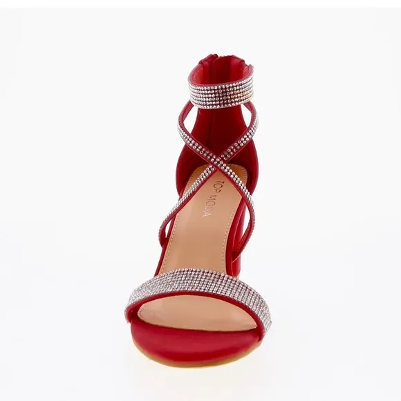 Top mods sexy rhinestone strap satin sandal block heels 9