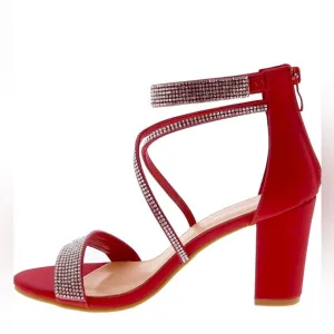Top mods sexy rhinestone strap satin sandal block heels 9