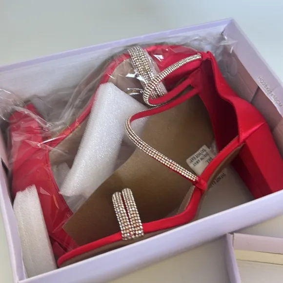 Top mods sexy rhinestone strap satin sandal block heels 9