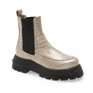 Topshop Alpha Women's Stone Chunky Leather Chelsea Boots in Cream Sz 10.5