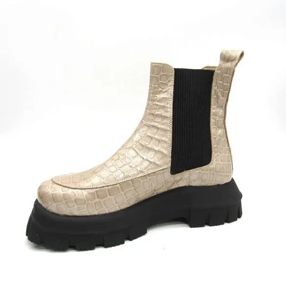 Topshop Alpha Women's Stone Chunky Leather Chelsea Boots in Cream Sz 10.5