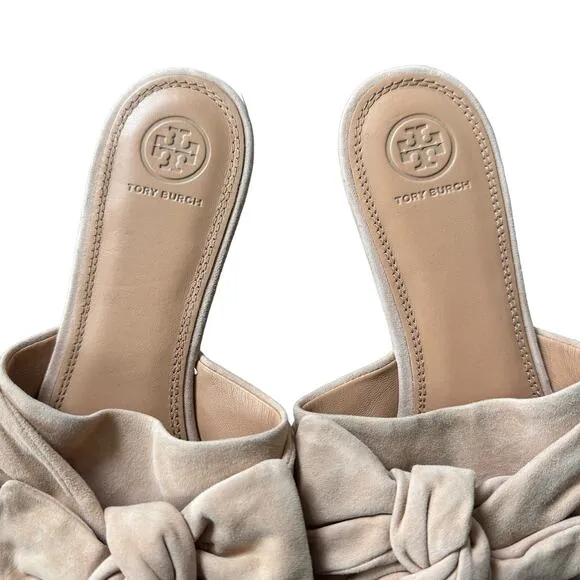 Tory Burch Annabelle Bow Accent Slides Beige Suede