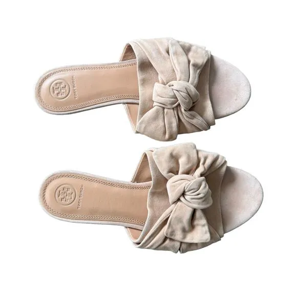 Tory Burch Annabelle Bow Accent Slides Beige Suede