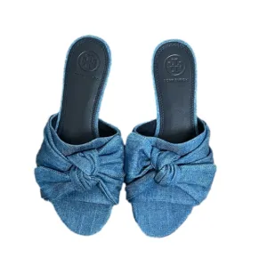 Tory Burch Annabelle Chambray Denim Bow Slide Flat Sandals Size 6.5