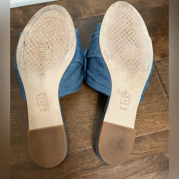 Tory Burch Annabelle Chambray Denim Bow Slide Flat Sandals Size 6.5
