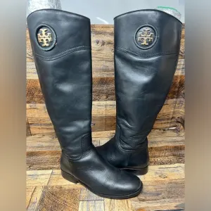 Tory Burch Black Tall Zip Side Leather Boots Size 7M