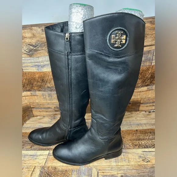 Tory Burch Black Tall Zip Side Leather Boots Size 7M