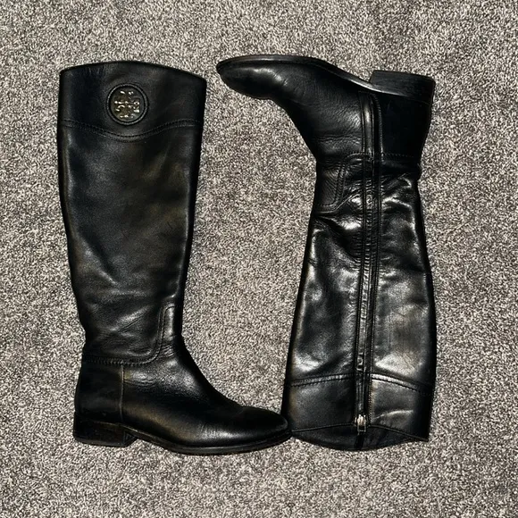 Tory Burch Black Tall Zip Side Leather Boots Size 7M