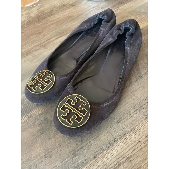 Tory Burch Chocolate Brown and Gold Suede Classic Flats