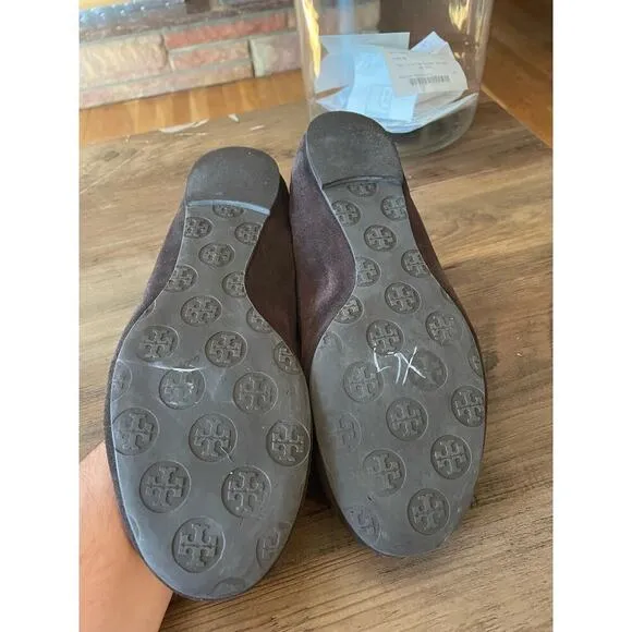 Tory Burch Chocolate Brown and Gold Suede Classic Flats