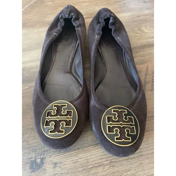 Tory Burch Chocolate Brown and Gold Suede Classic Flats