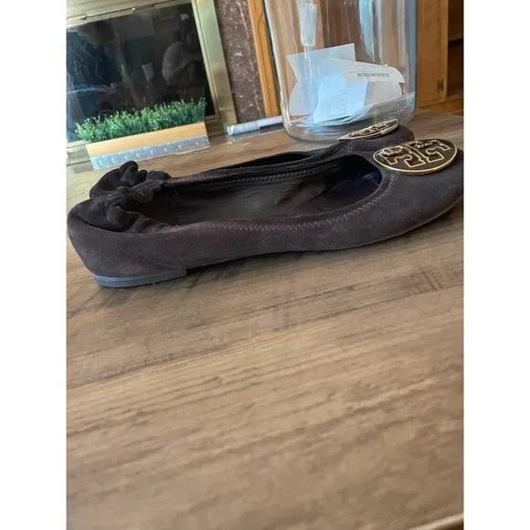 Tory Burch Chocolate Brown and Gold Suede Classic Flats