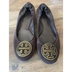 Tory Burch Chocolate Brown and Gold Suede Classic Flats