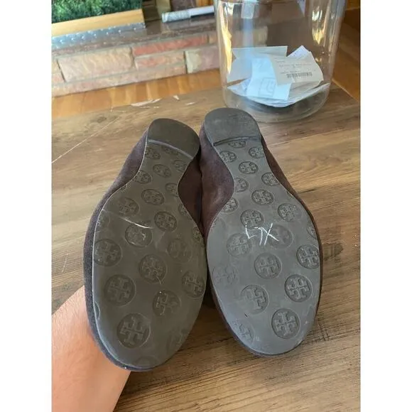 Tory Burch Chocolate Brown and Gold Suede Classic Flats