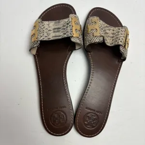 Tory Burch Gail-Pitone Rocha Snake Sandals Slides Gray Leather Size 10