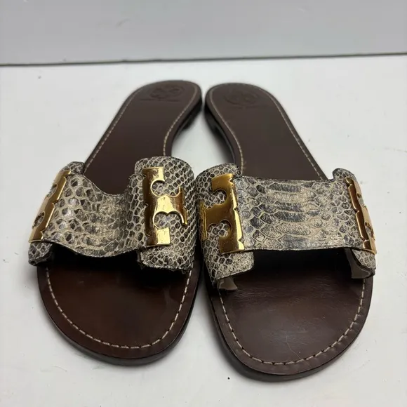 Tory Burch Gail-Pitone Rocha Snake Sandals Slides Gray Leather Size 10