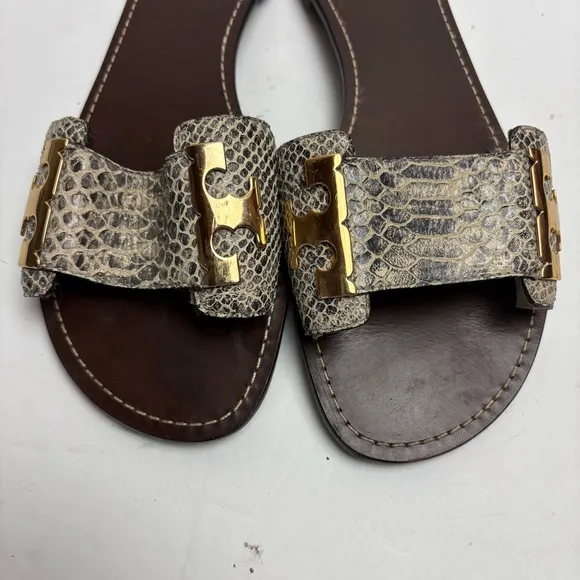 Tory Burch Gail-Pitone Rocha Snake Sandals Slides Gray Leather Size 10